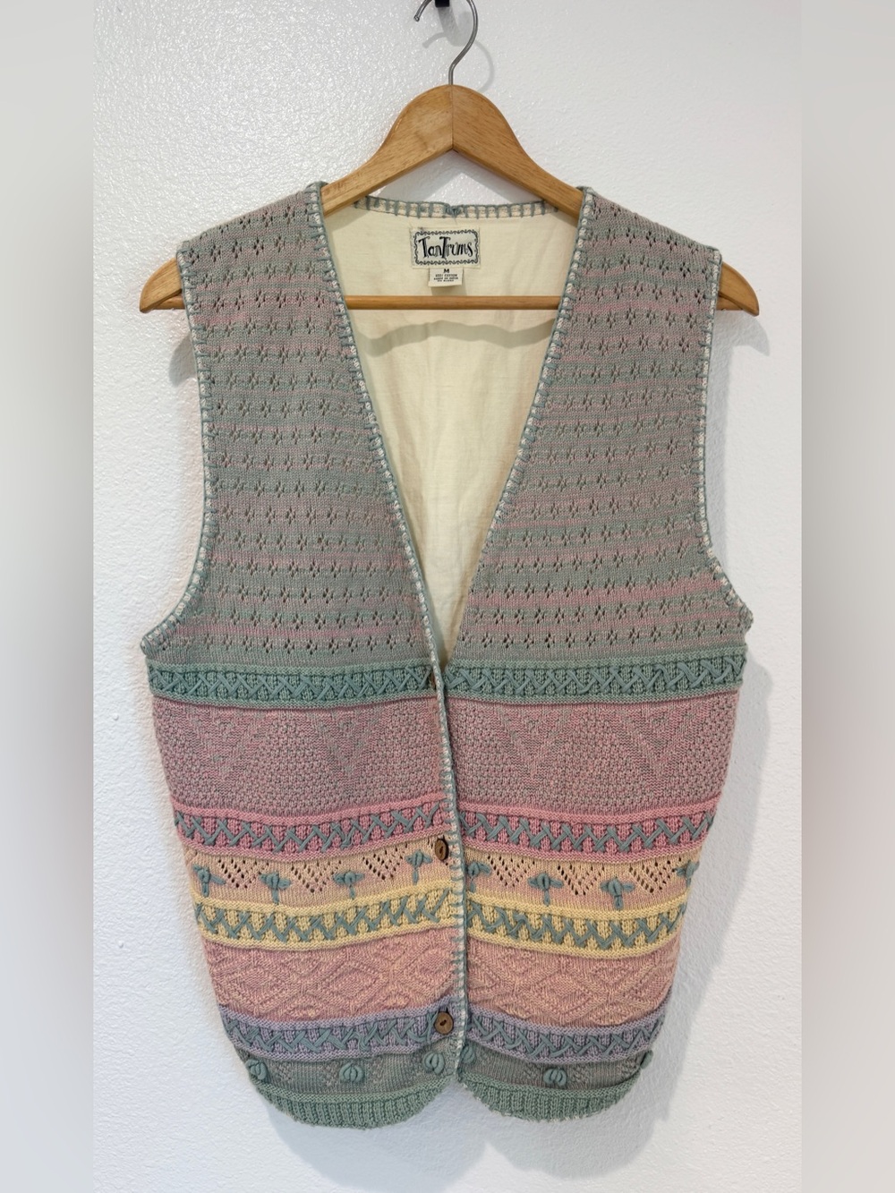 Vintage TanTrums Knit Pastel Fair Isle Blanket Stitch Button Vest Cottagecore M